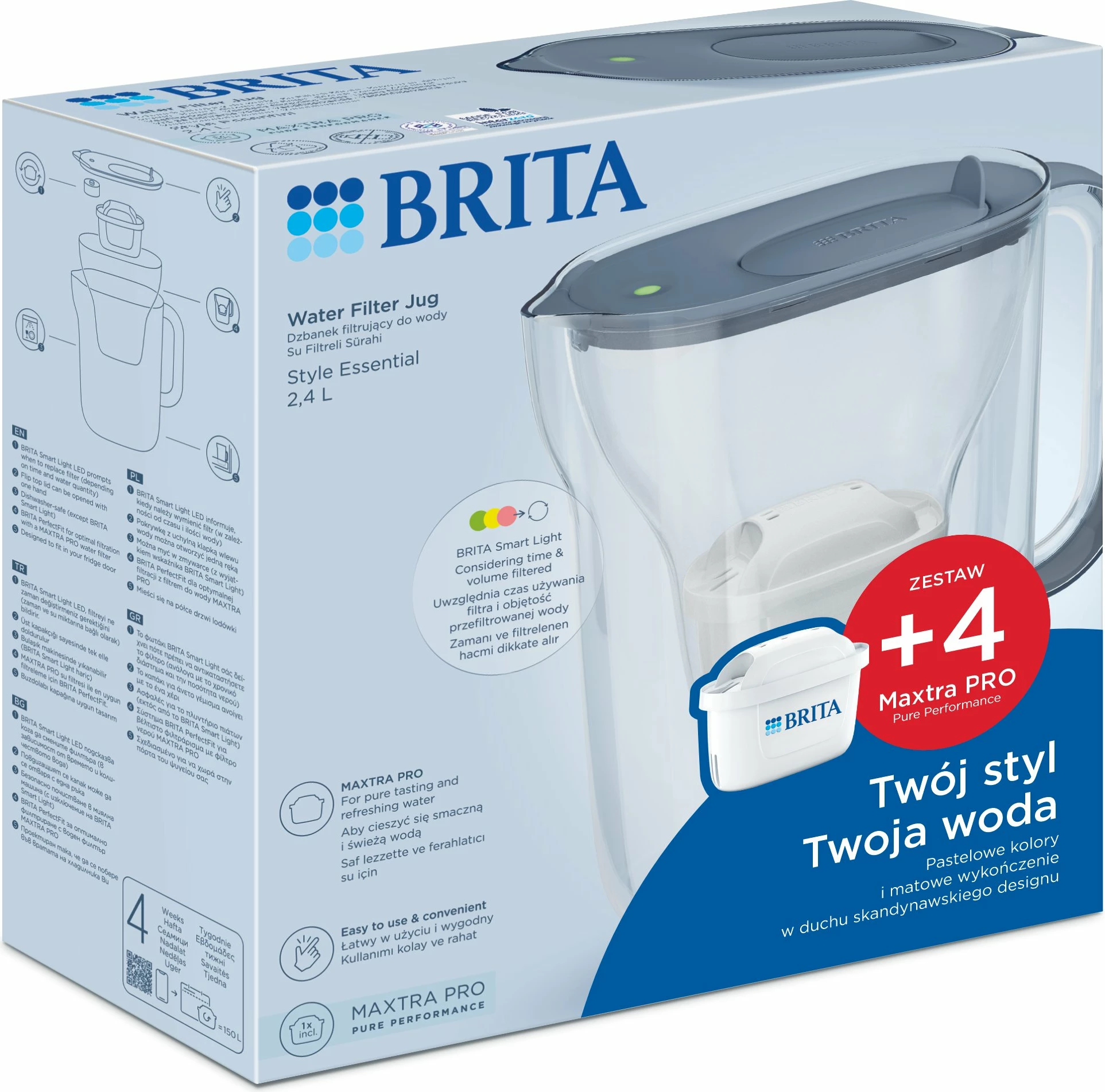 Bokall filtrues uji Brita Style Essential 2.4 L + 4 filtra MAXTRA PRO Pure Performance, Graphite