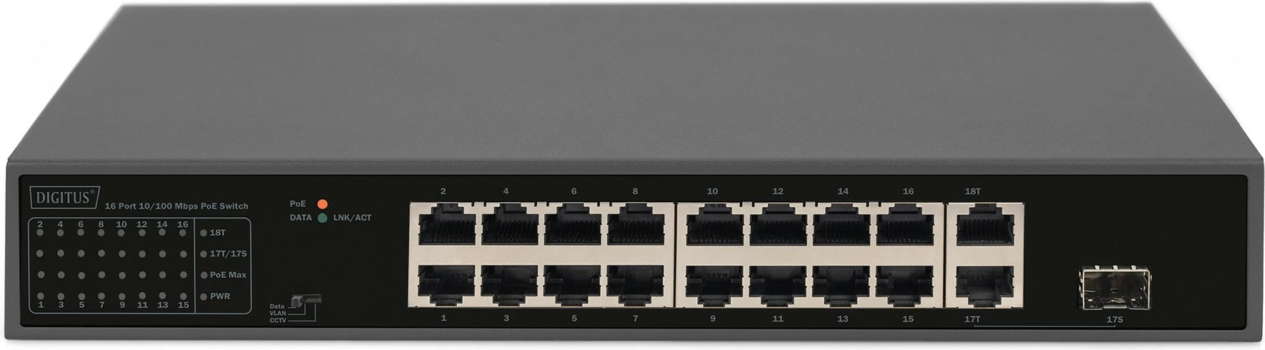 Switch Digitus 16-portë, PoE, 10/100, 1U, i zi