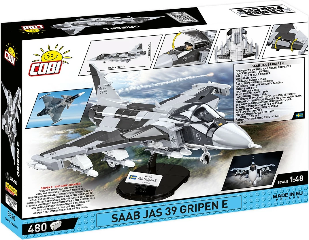 Set blloqe ndërtimi Cobi Klocki SAAB JAS 39 Gripen E, 480 pjesë, gri/bardhë/zezë