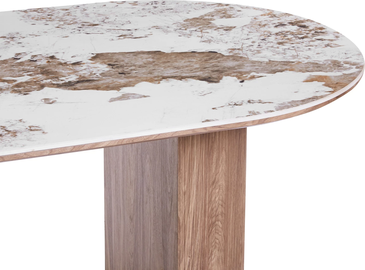 Tavolinë ngrënie ovale MARBLEX, sipërfaqe qeramike Pandora, këmbë MDF ngjyrë arre, 210x100x77cm