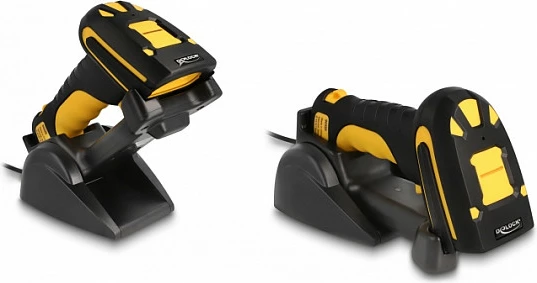 Skaner barkodesh DeLOCK Industrial 1D/2D, Bluetooth 4.1/433 MHz, me bazë karikimi induktive, zi/verdhë