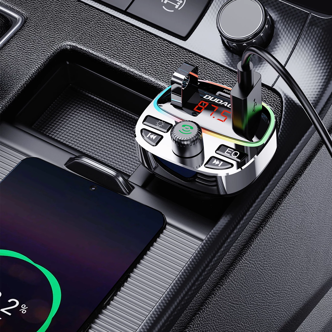Transmetues Bluetooth për veturë Dudao R2PRO+, PD 25W, Bluetooth 5.3, RGB, zi dhe argjendtë
