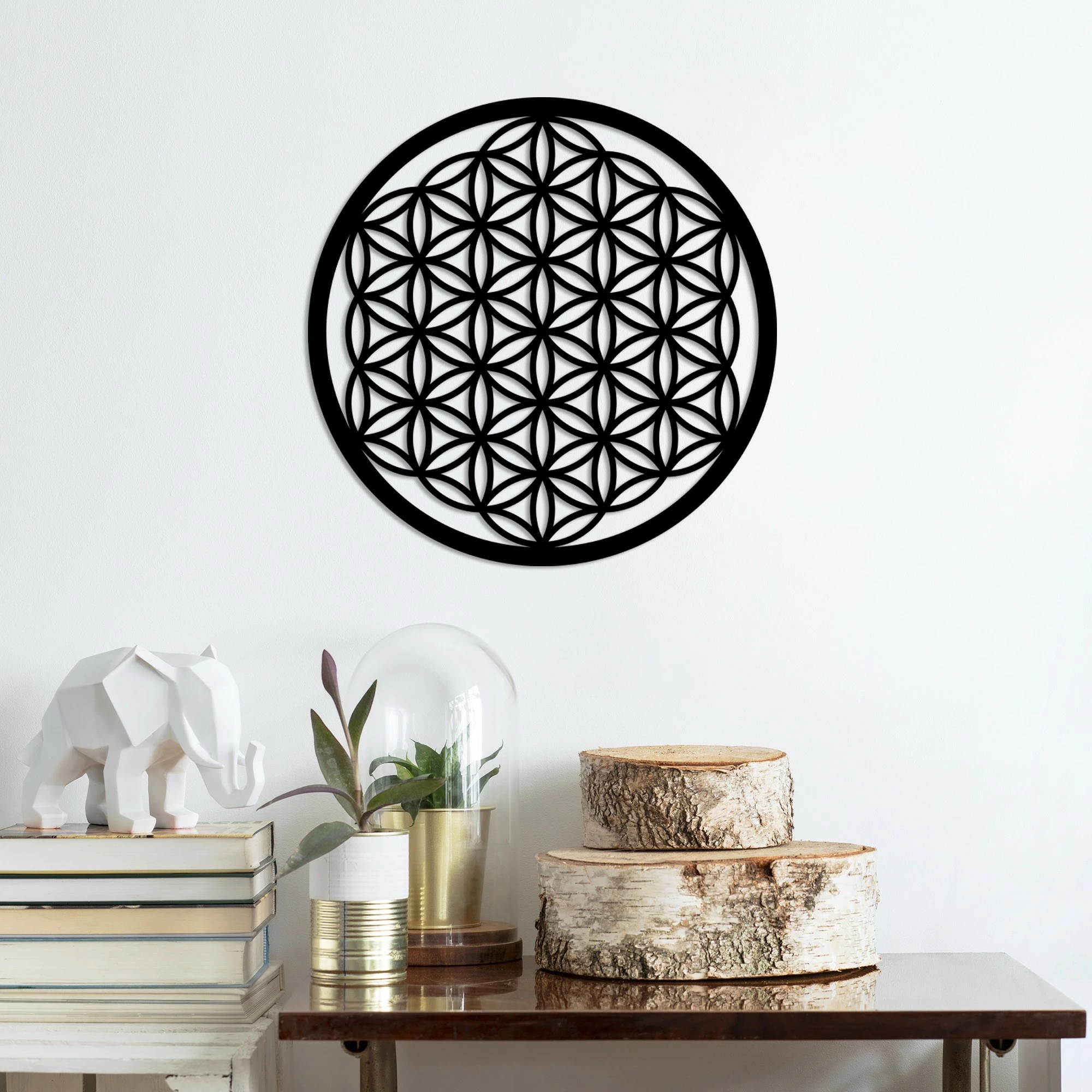 Aksesor dekorativ metalik për mur, Flower Of Life, ngjyrë e zezë, 48x48cm