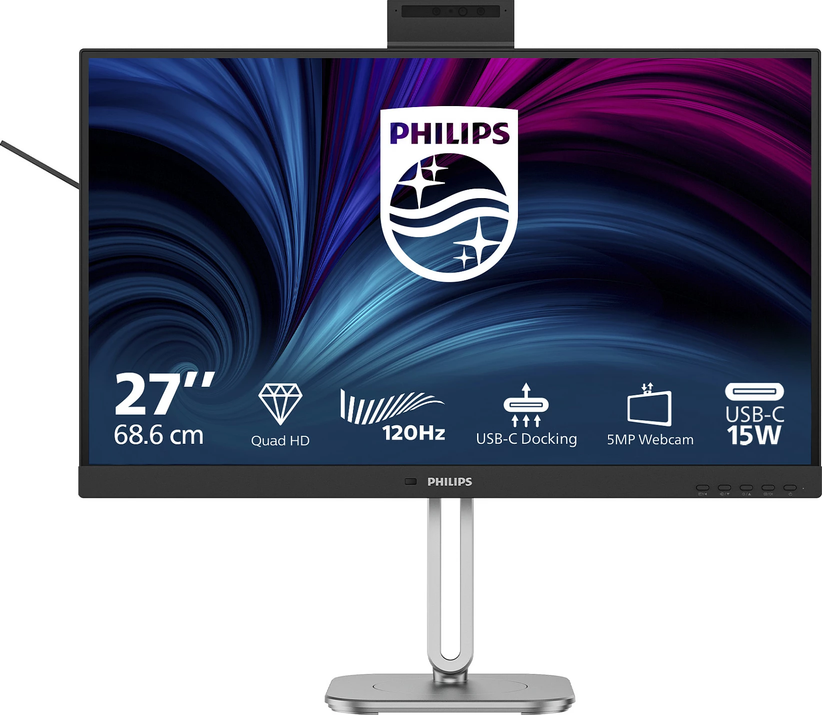 Monitor Philips 4000 Series 27B2U4601H/00, 27", QHD 2560x1440, 120Hz, USB‑C Docking, webcam 5MP, i zi