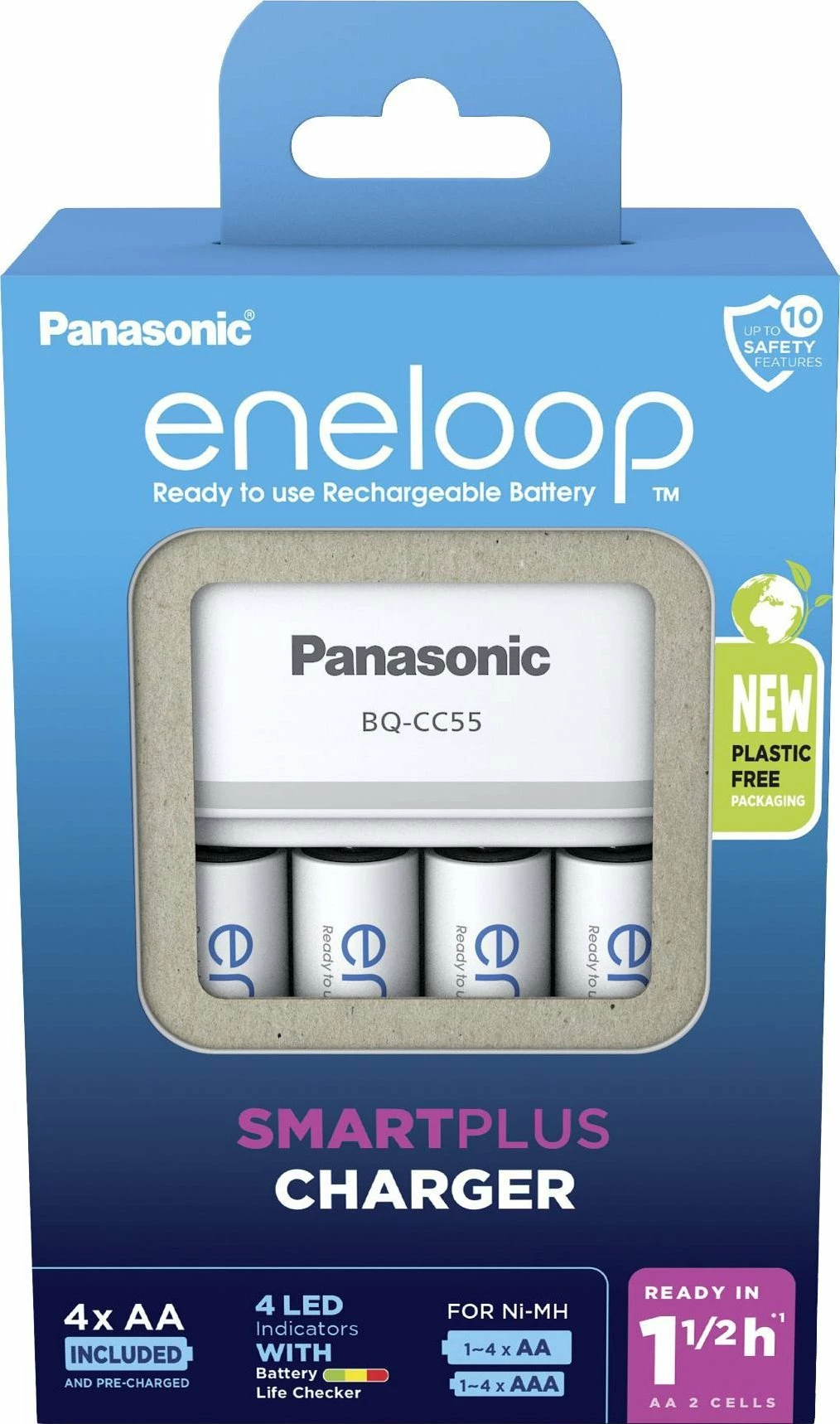 Karikues baterish Panasonic Eneloop Smart & Quick BQ-CC55, për AA/AAA Ni-MH, 4 vende, set me 4x AA 2000 mAh, i bardhë