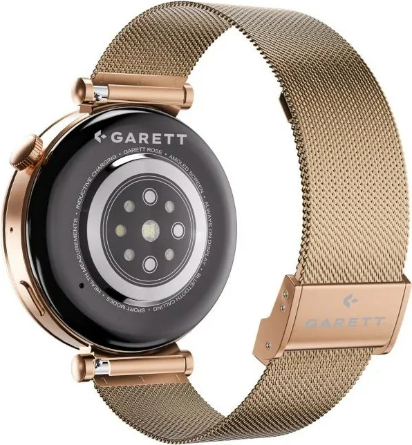 Smartwatch Garett Rose, AMOLED 1.32", 466x466, IP67, Bluetooth thirrje, bateri 260 mAh, ari rozë (mesh), set me rrip mesh + rrip lëkure