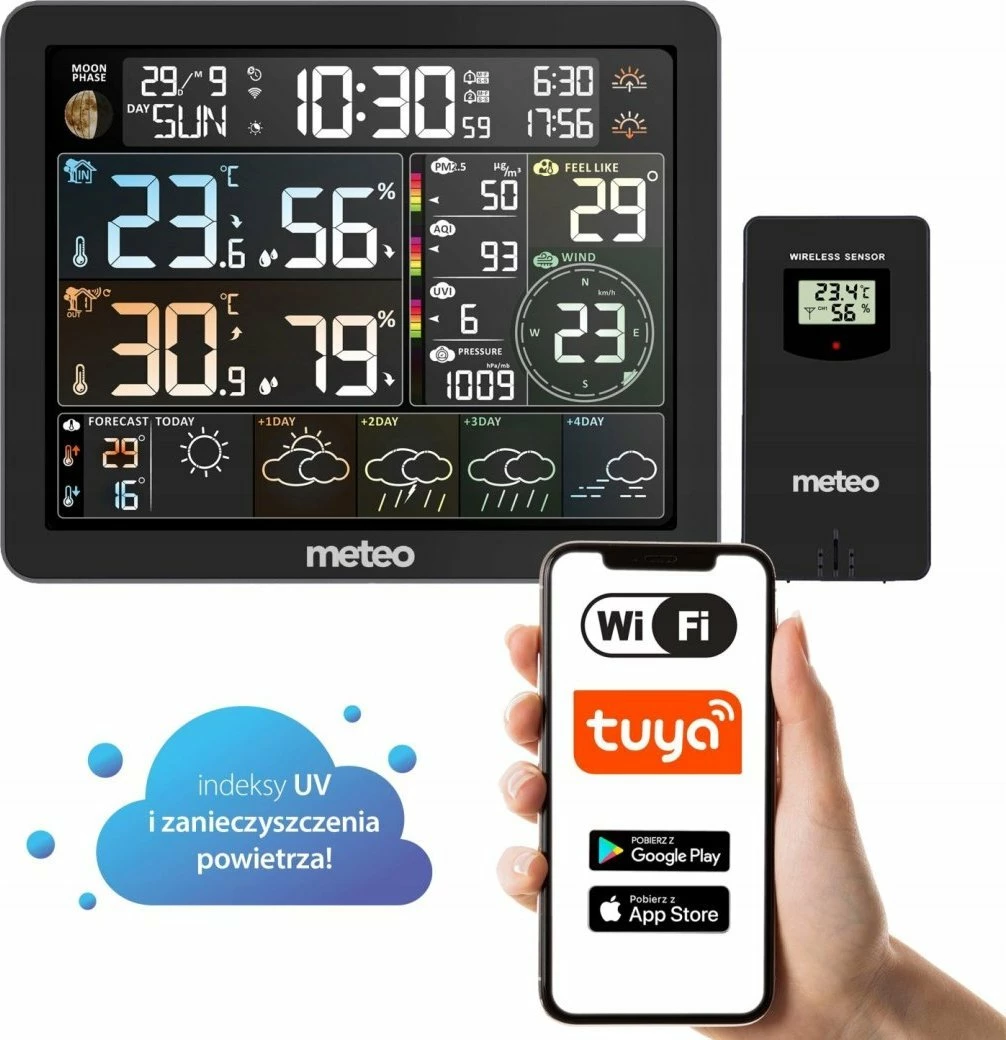 Stacion moti Meteo WiFi me sensor pa tela, matës ndotjeje ajri PM2.5, me barometër, i zi
