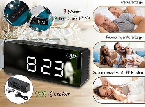 Orë alarmi digjitale Camry AD 1189B, LED display, USB, e zezë