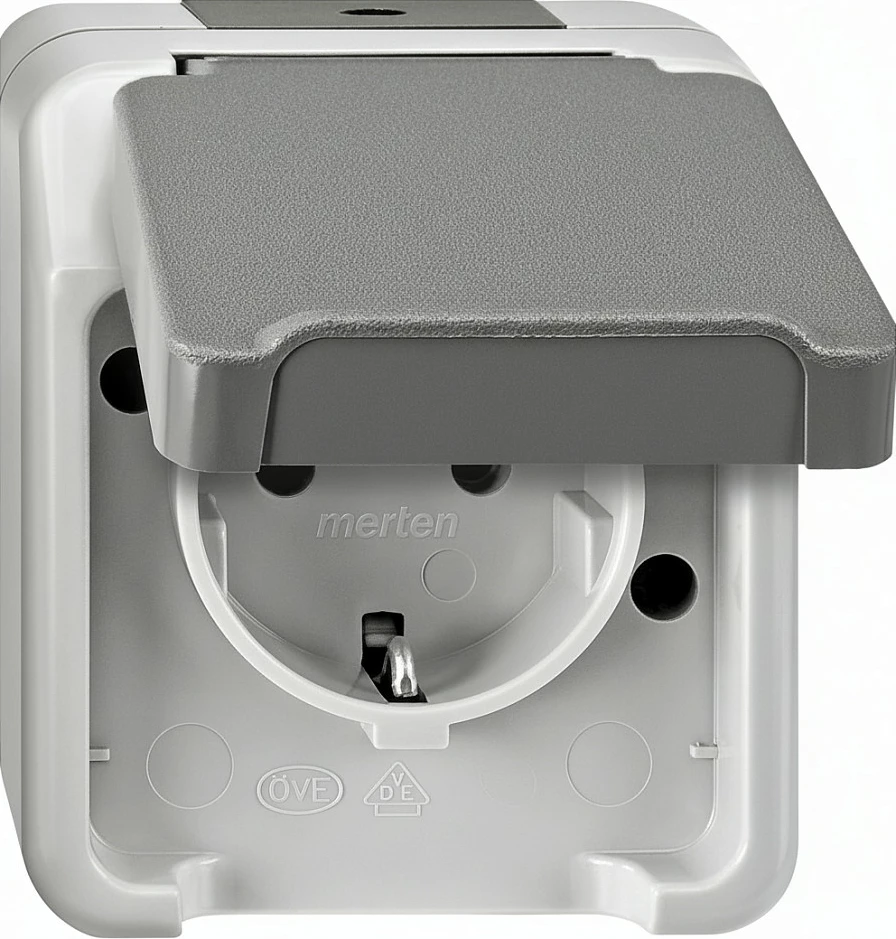 Prizë Schuko Merten MEG2301-8029 Aquastar, me kapak, gri e çelët
