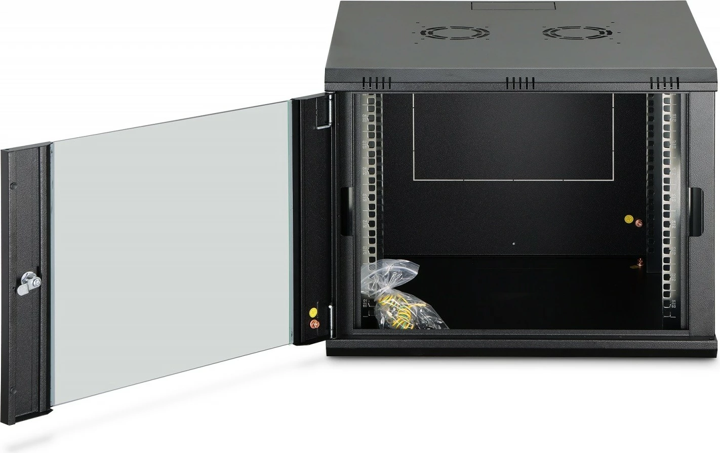 Kabinet rrjeti muror Digitus DN-37107 19" 9U 474x600x600mm derë xhami IP20 kapacitet 60kg i pa-montuar, zezë