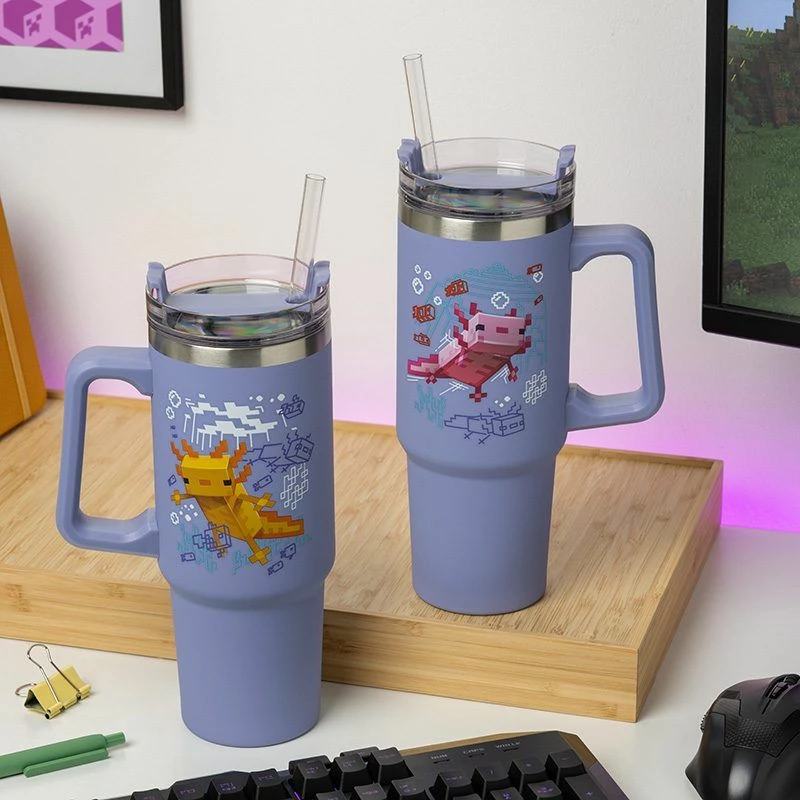 Gotë termike udhëtimi Paladone Minecraft XL 900 ml me pipëz, vjollcë