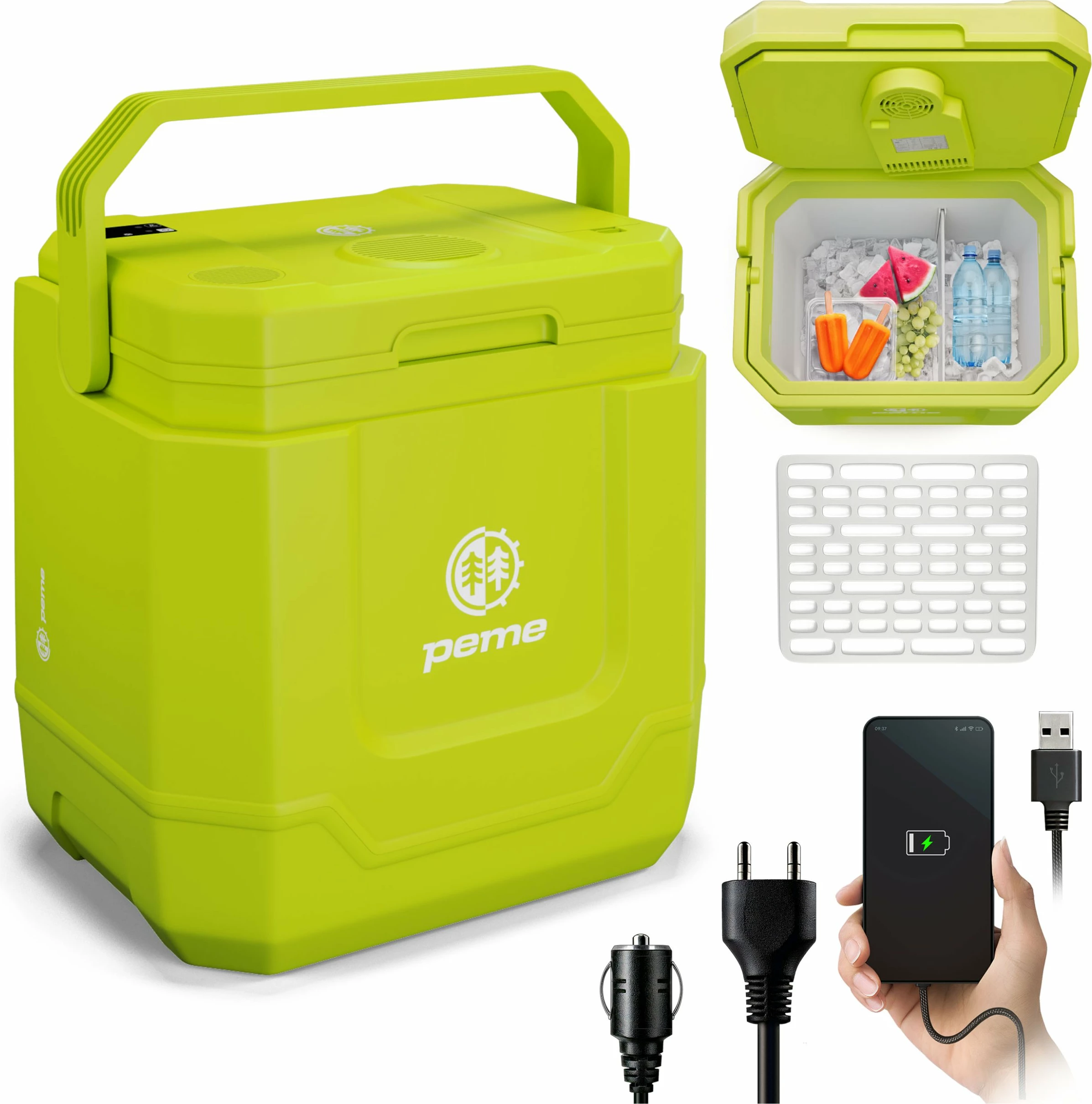 Frigorifer portativ Peme Trip 31.5 L, me ftohje/ngrohje, Bluetooth altoparlant, USB, AC/DC, i gjelbër