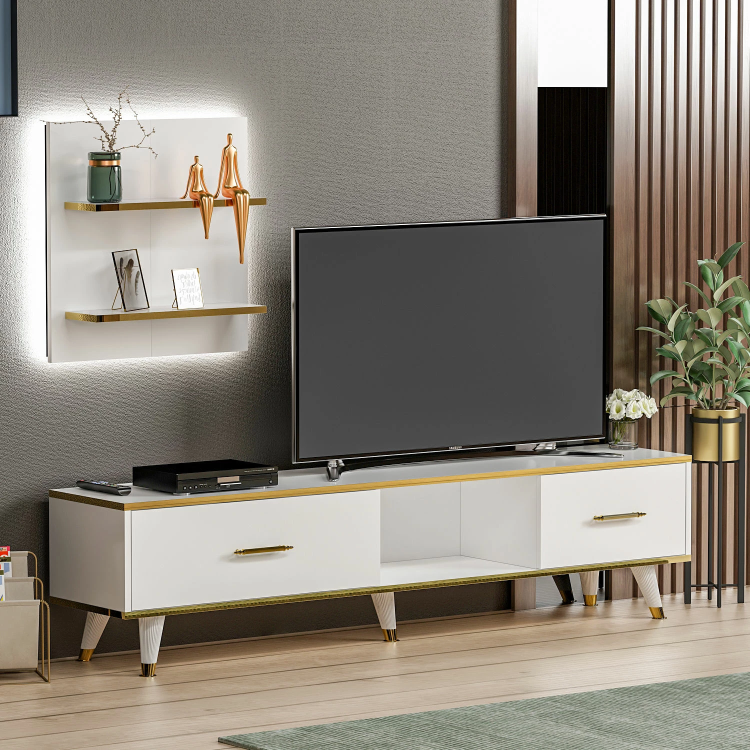Komodë TV Hanah Home, Aren, e bardhë dhe ari, moderne