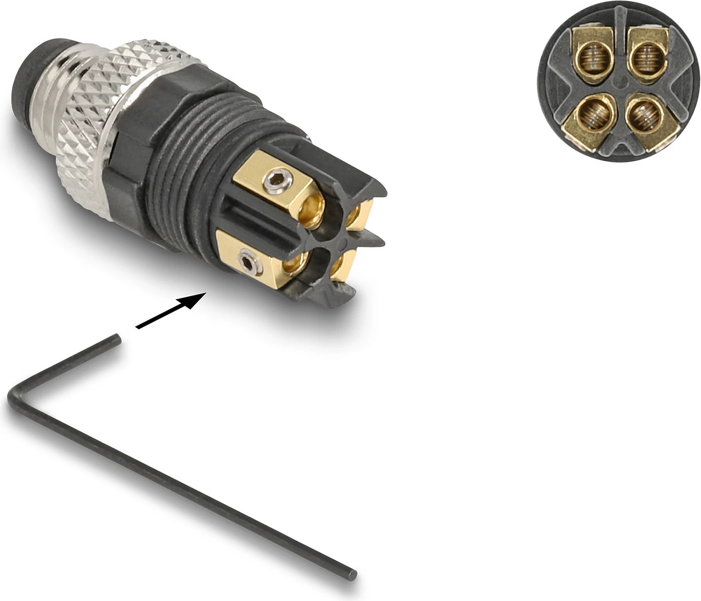 Konektor DeLOCK M8 A-coded 4-pin mashkull, lidhje me vida, IP67, i zi