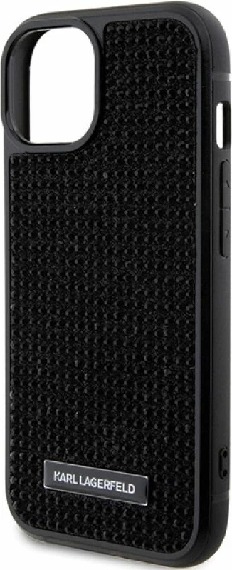 Mbrojtëse telefoni Karl Lagerfeld Rhinestone Logo Metal Plate për iPhone 15, e zezë