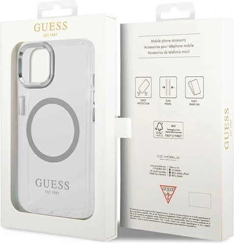 Mbështjellës Guess GUHMP14SHTRMS për iPhone 14 6.1", hardcase, MagSafe, argjendtë/transparent