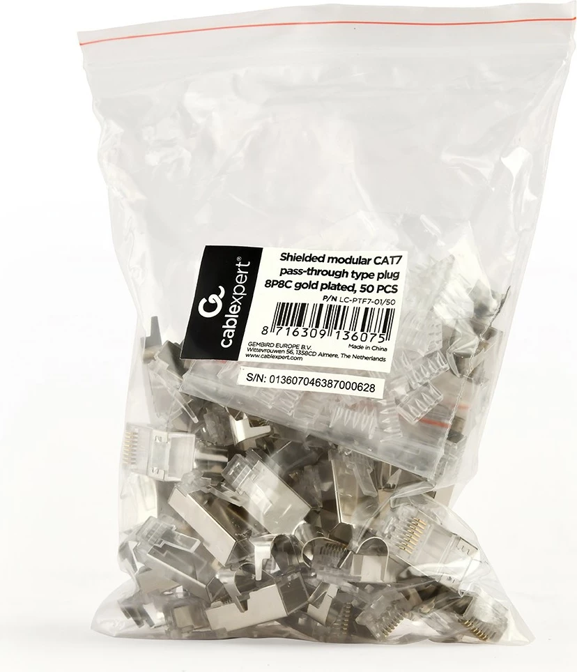 Konektor RJ-45 Gembird LC-PTF7-01/50 CAT7 i blinduar pass-through, 50 copë, i bardhë
