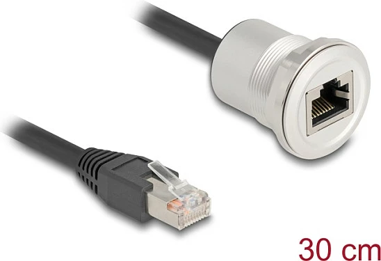 Kabllo rrjeti DeLOCK 88187, Cat5e, RJ-45 mashkull në RJ-45 femër (panel-mount), 0.3 m, zezë/argjendtë