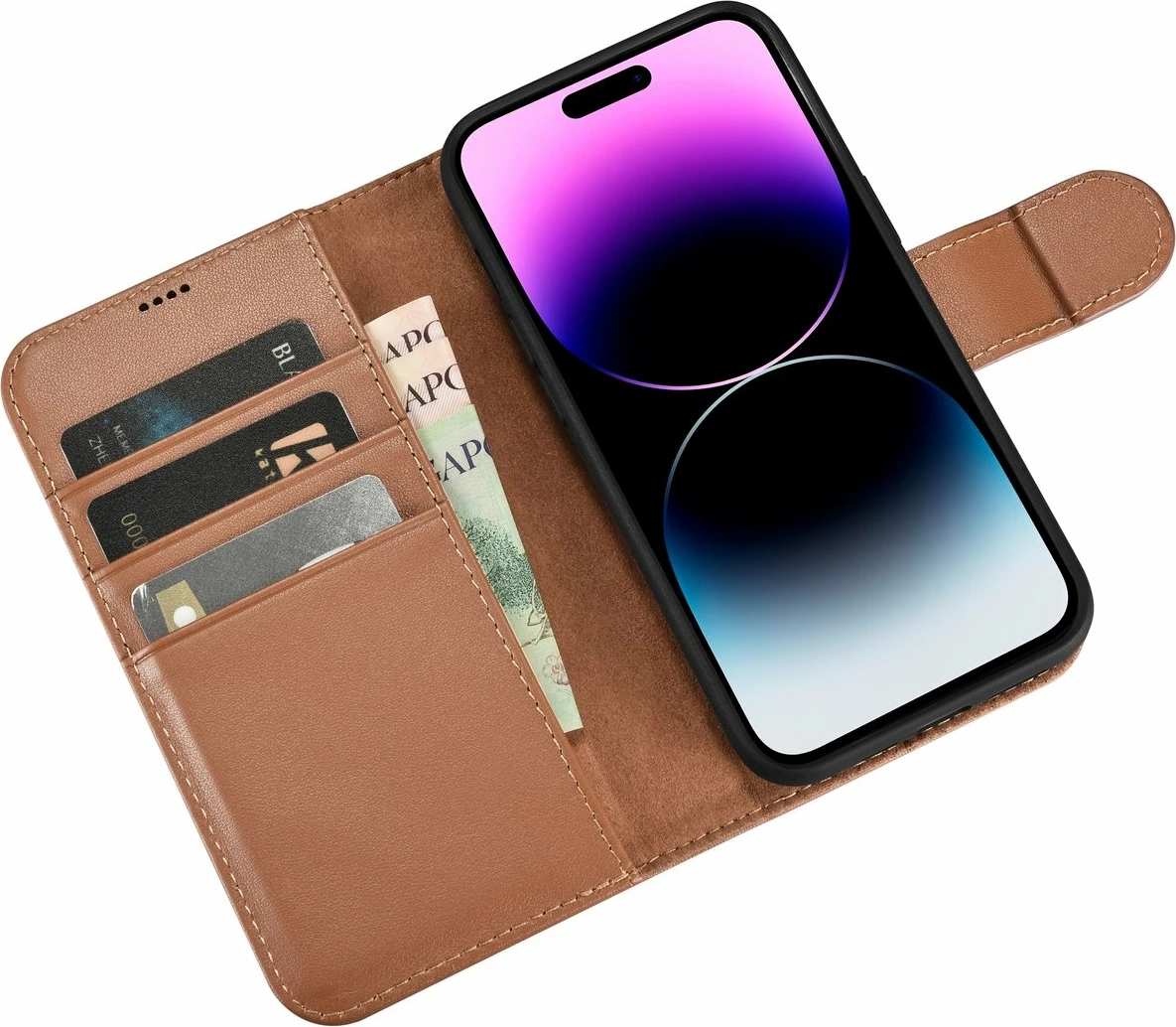 Mbështjellës iCarer Wallet Case 2in1 për iPhone 14 Pro Max, lëkurë natyrale, Anti-RFID, Kafe