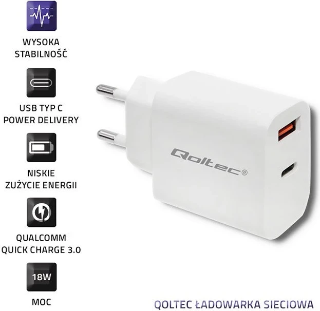 Karikues për tablet Qoltec, 18W, i bardhë 