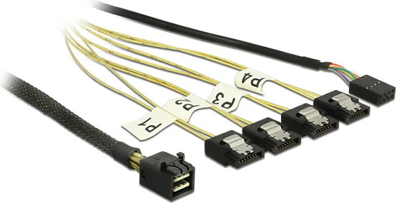 Kabllo DeLOCK Mini SAS HD SFF-8643 në 4x SATA 7-pin, 1 m, reverse breakout, zezë/argjendtë/verdhe