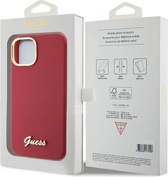Mbështjellës Guess Silicone Script Metal Logo & Frame për iPhone 15, Kuq