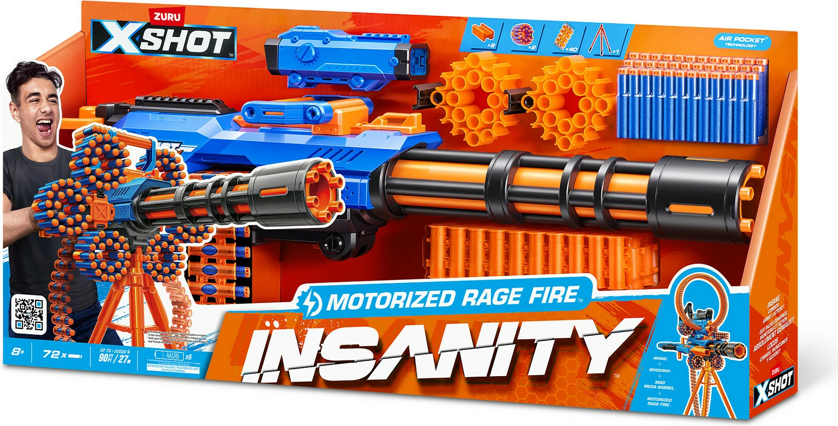 Blaster lodër ZURU XSHOT Insanity Motorized Rage Fire, 72 darts, me tripod, blu/portokalli