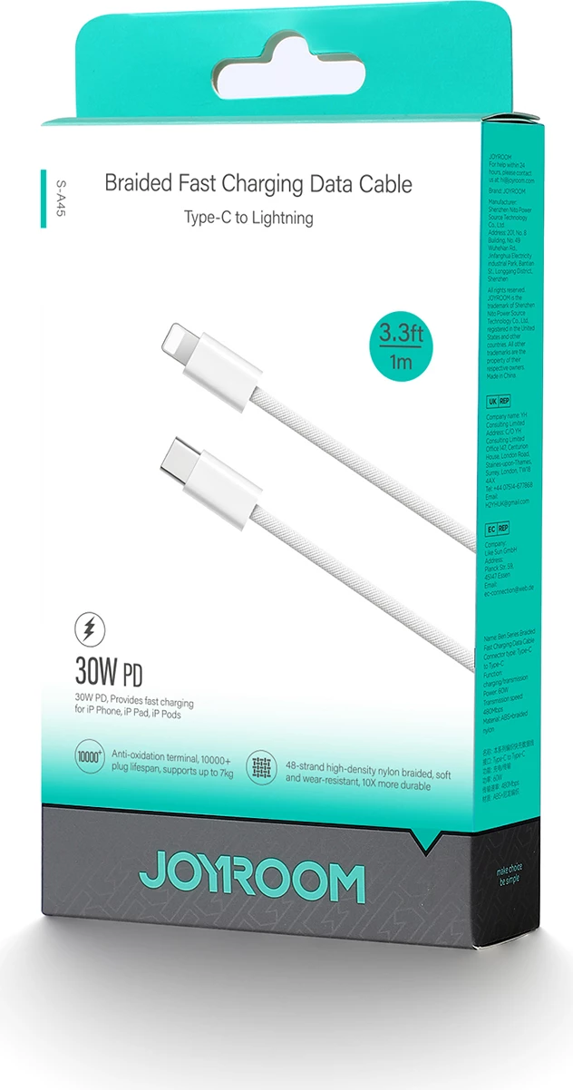 Kabllo Joyroom S-A45 Ben Series, USB-C në Lightning, 1m, 30W, i bardhë