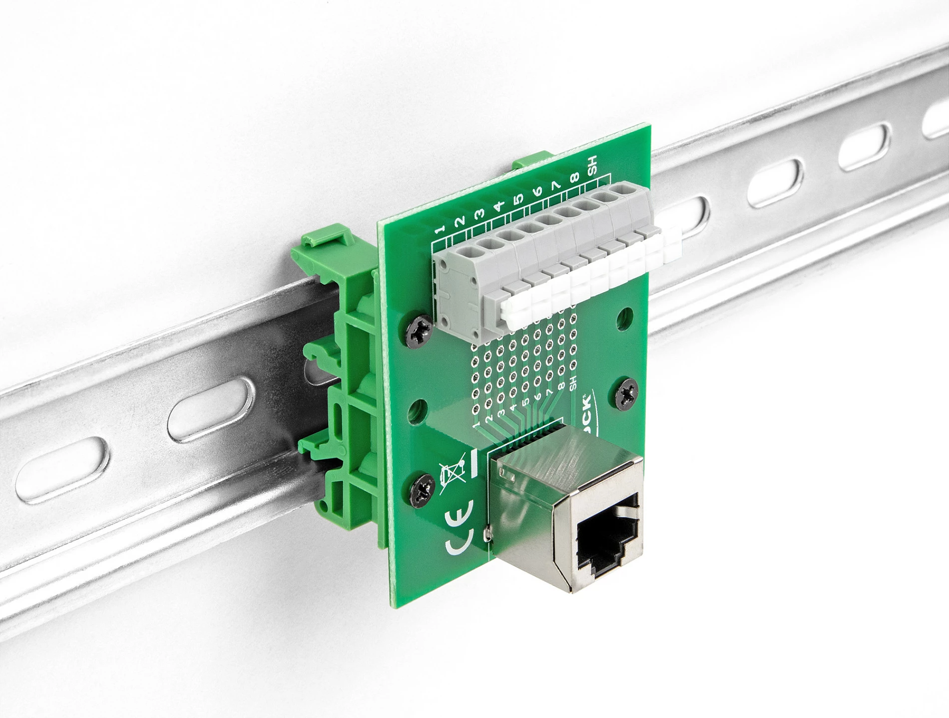 Adapter DeLOCK RJ45 femër në terminal block, kënd 90°, montim në shinë DIN, 24-12 AWG, gjelbër/gri