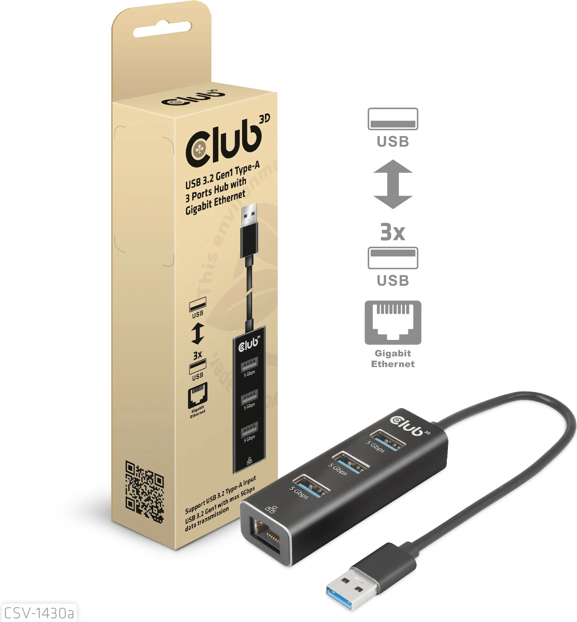 Adapter USB Club3D 3x USB 3.2 Type-A me LAN, i zi