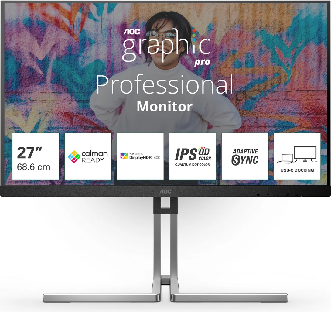 Monitor, AOC, Q27U3CV, 27" IPS, DisplayHDR 400, Adaptive Sync, USB-C docking, e zezë
