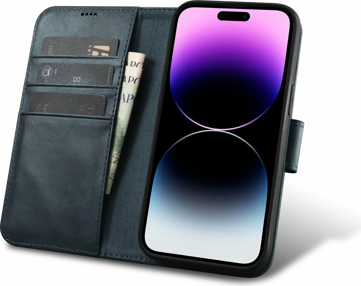 Mbështjellës iCarer Oil Wax Wallet 2in1 për iPhone 14 Pro Max, lëkurë, Anti-RFID, blu