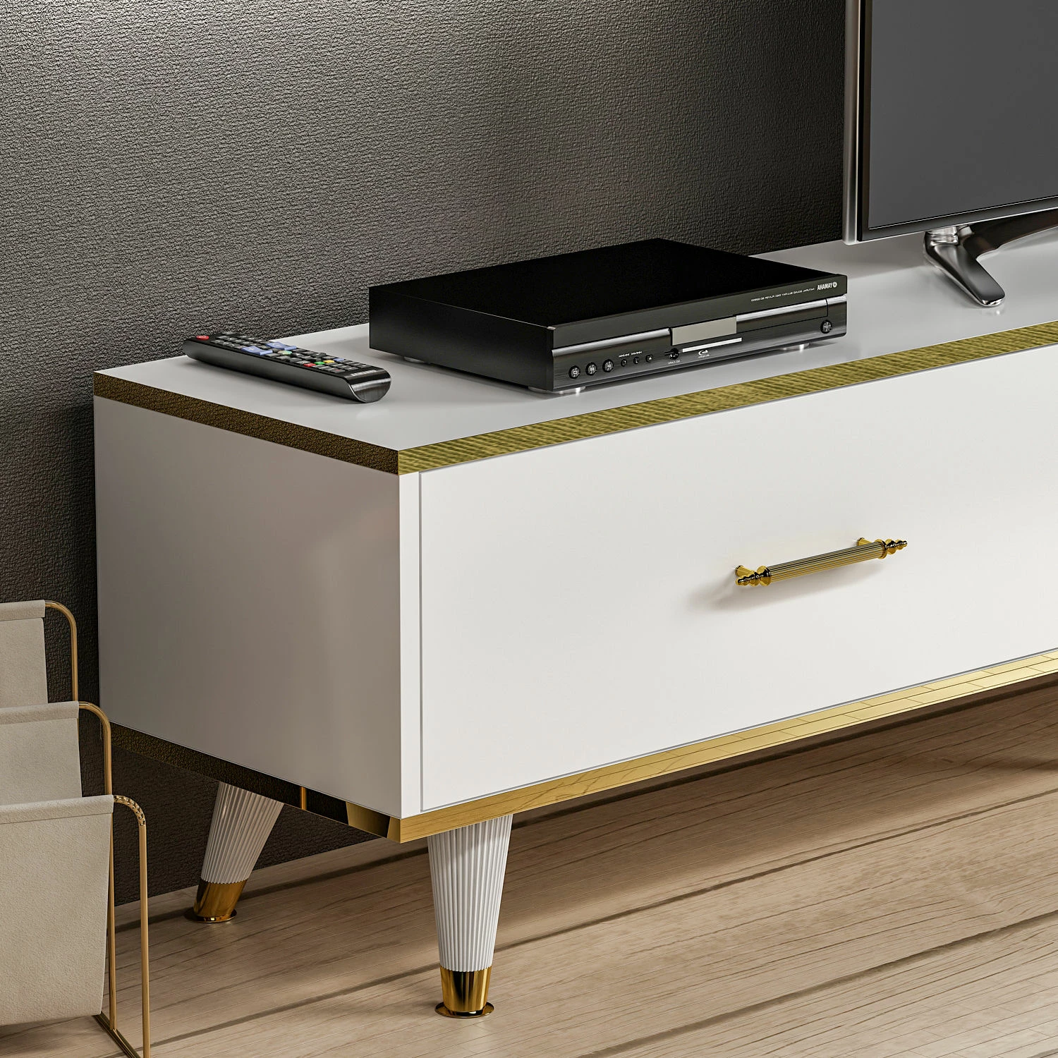 Komodë TV Hanah Home, Aren, e bardhë dhe ari, moderne