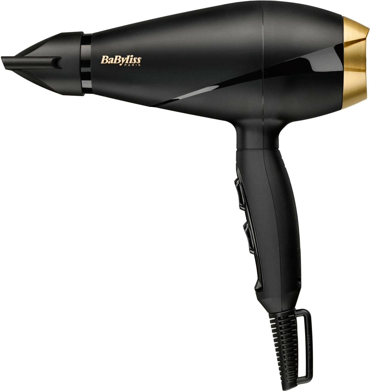 Tharëse flokësh, BaByliss 6704E, motor AC profesional, 2000 W, shpejtësi 100 km/h, 2 shpejtësi 3 temperatura, grykë 6 mm, kabllo 3 m, e zezë me të artë