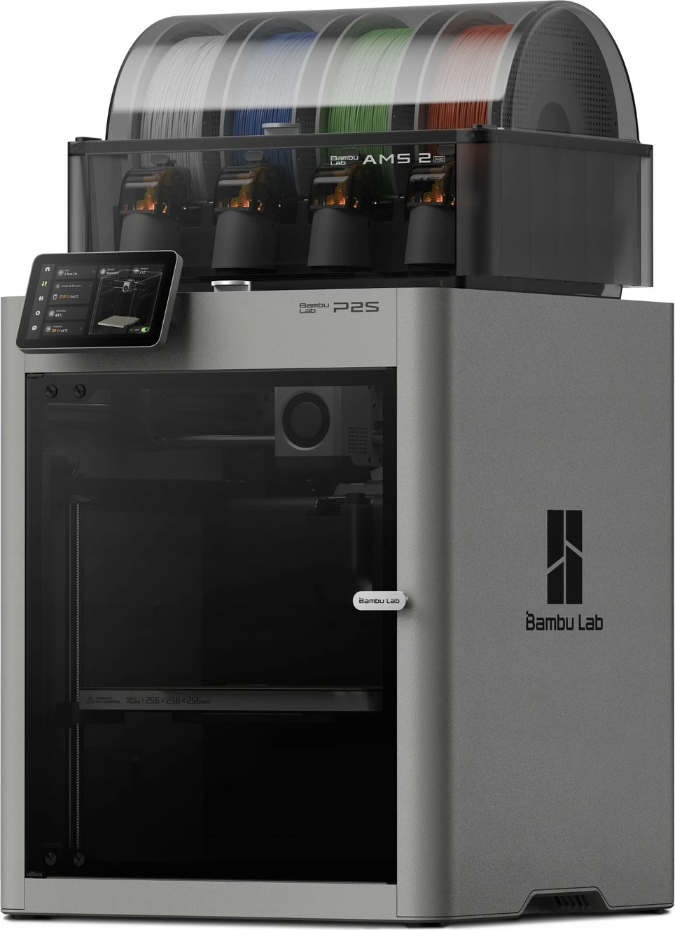 Printer 3D Bambu Lab P2S Combo, volum printimi 256×256×256 mm, AMS 2 Pro multingjyrësh + tharje filamenti, kamerë 1080p, Wi‑Fi, ekran me prekje 5\", gri/zi, set me AMS 2 Pro