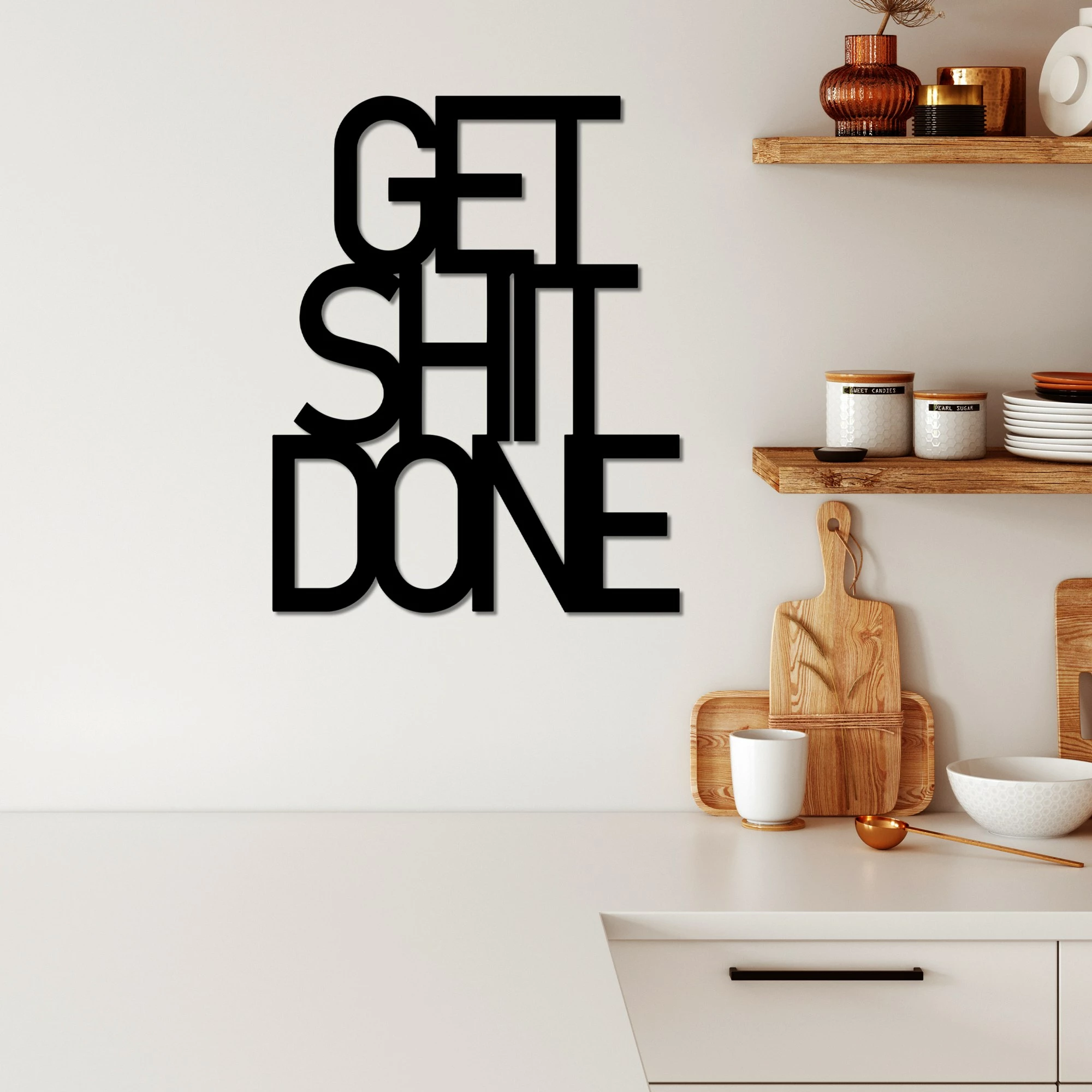 Aksesor metalik dekorativ për mur, Wallity, Get Shit Done, 38x48cm, i zi