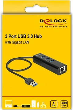 USB hub DeLOCK, 3x USB-A 3.0 + Gigabit LAN, me kabllo 0.35 m, i zi