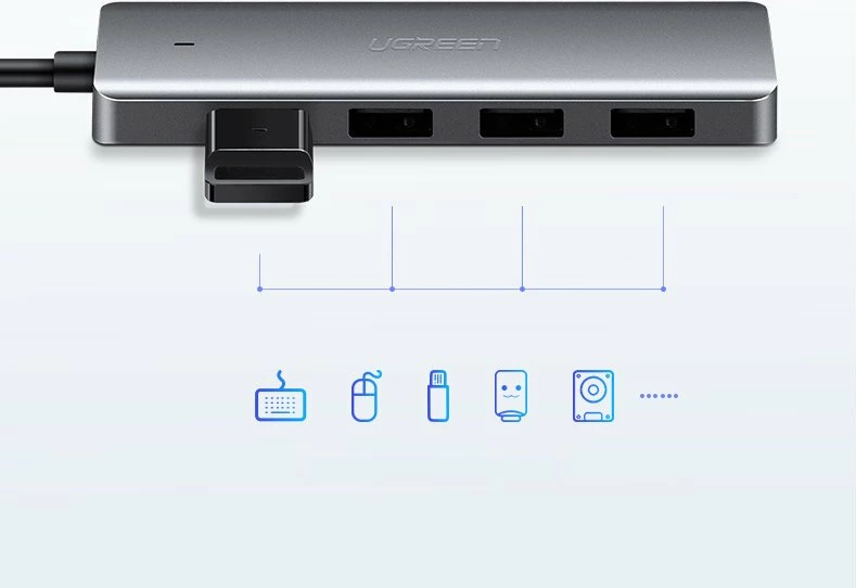 Kasë USB HUB Ugreen CM219 50985, 4x USB 3.2 Gen 1, me port micro USB për rrymë, Gri