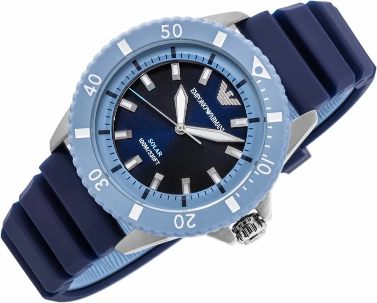 Orë dore për meshkuj Emporio Armani World Explorer Solar AR11785, blu e argjendtë, me kuti