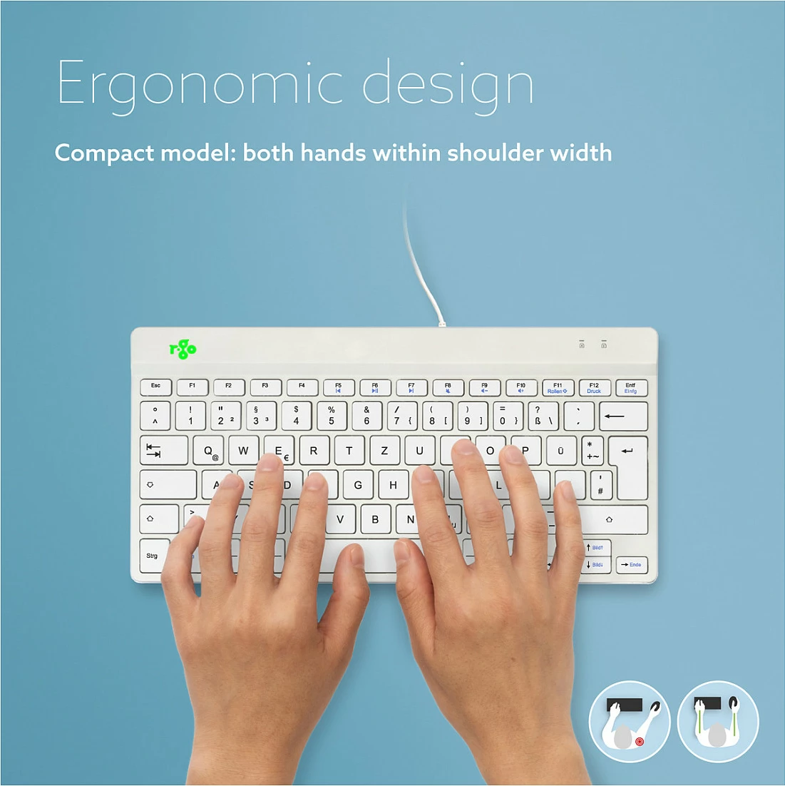 Tastierë ergonomike R-Go Compact Break, USB me kabllo, mini QWERTZ (DE), e bardhë
