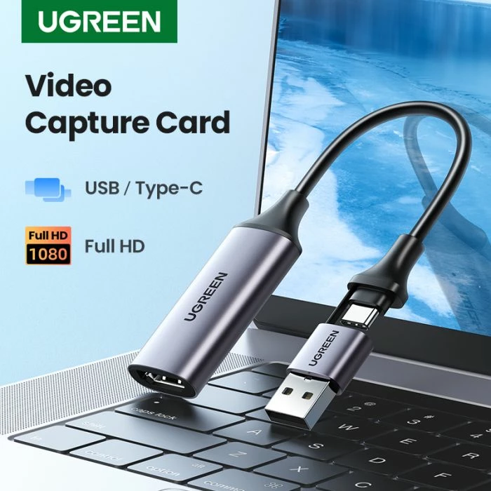 Adapter USB për kapje video HDMI, UGREEN 40189, 4K@60Hz input / 1080p@30Hz capture, USB-C + USB-A, gri, me kuti
