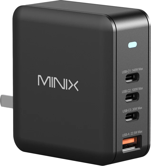 Karikues muri Minix NEO-P165 GaN 165W, 3x USB-C + 1x USB-A, me priza US/EU/UK, i zi