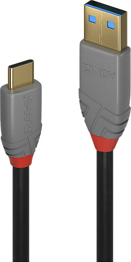 Kabllo USB Lindy Anthra Line USB 3.2 Type-A në Type-C, 1m, 10Gbps, 5A/100W PD, e zezë/gri