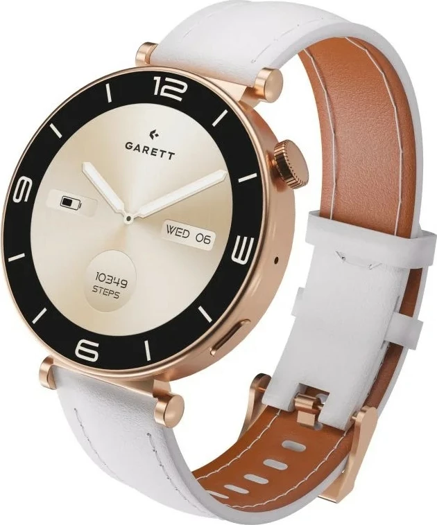 Smartwatch Garett Rose 1.32" AMOLED, Bluetooth, IP67, 260 mAh, me byzylyk çeliku + rrip lëkure, Rose Gold