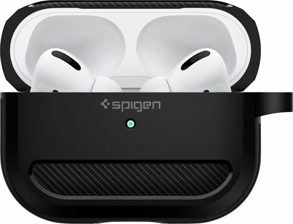 Mbështjellës mbrojtës Spigen Rugged Armor për AirPods Pro, TPU, dizajn karbon, me karabinë, i zi, me film mbrojtës