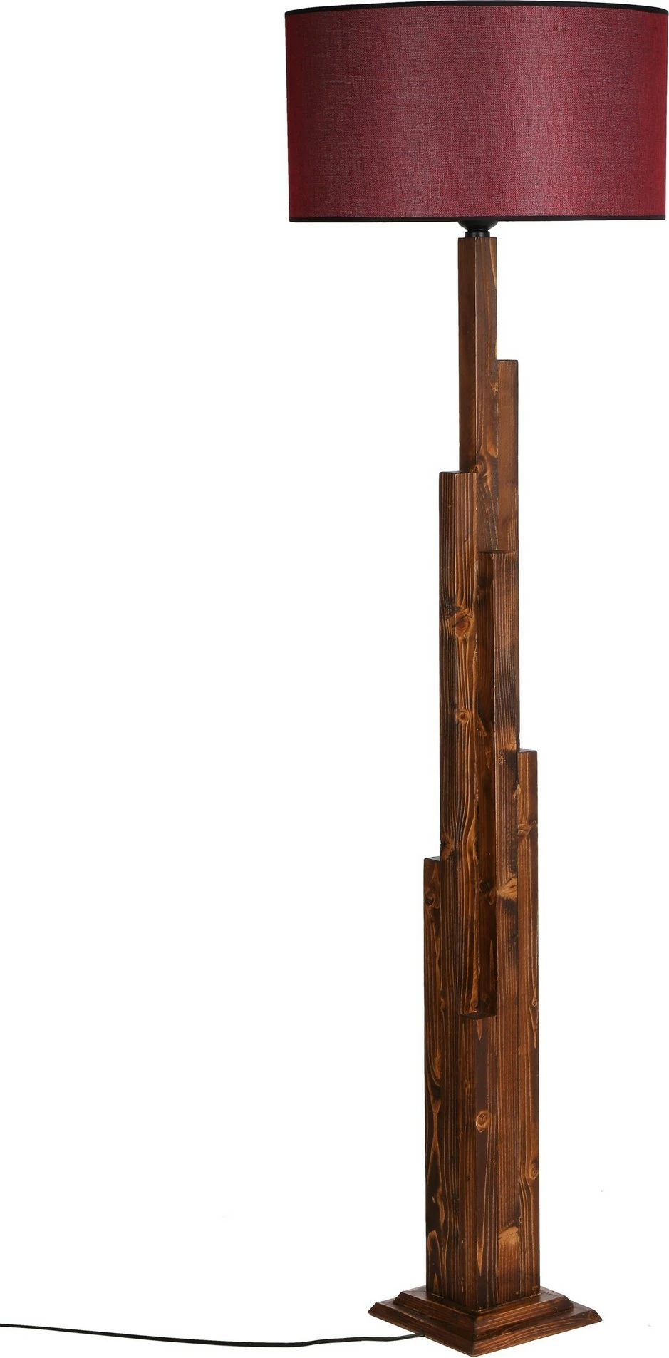 Llambë dyshemeje prej druri, trup arre, abazhur cilindrik, ngjyrë e kuqe bordo