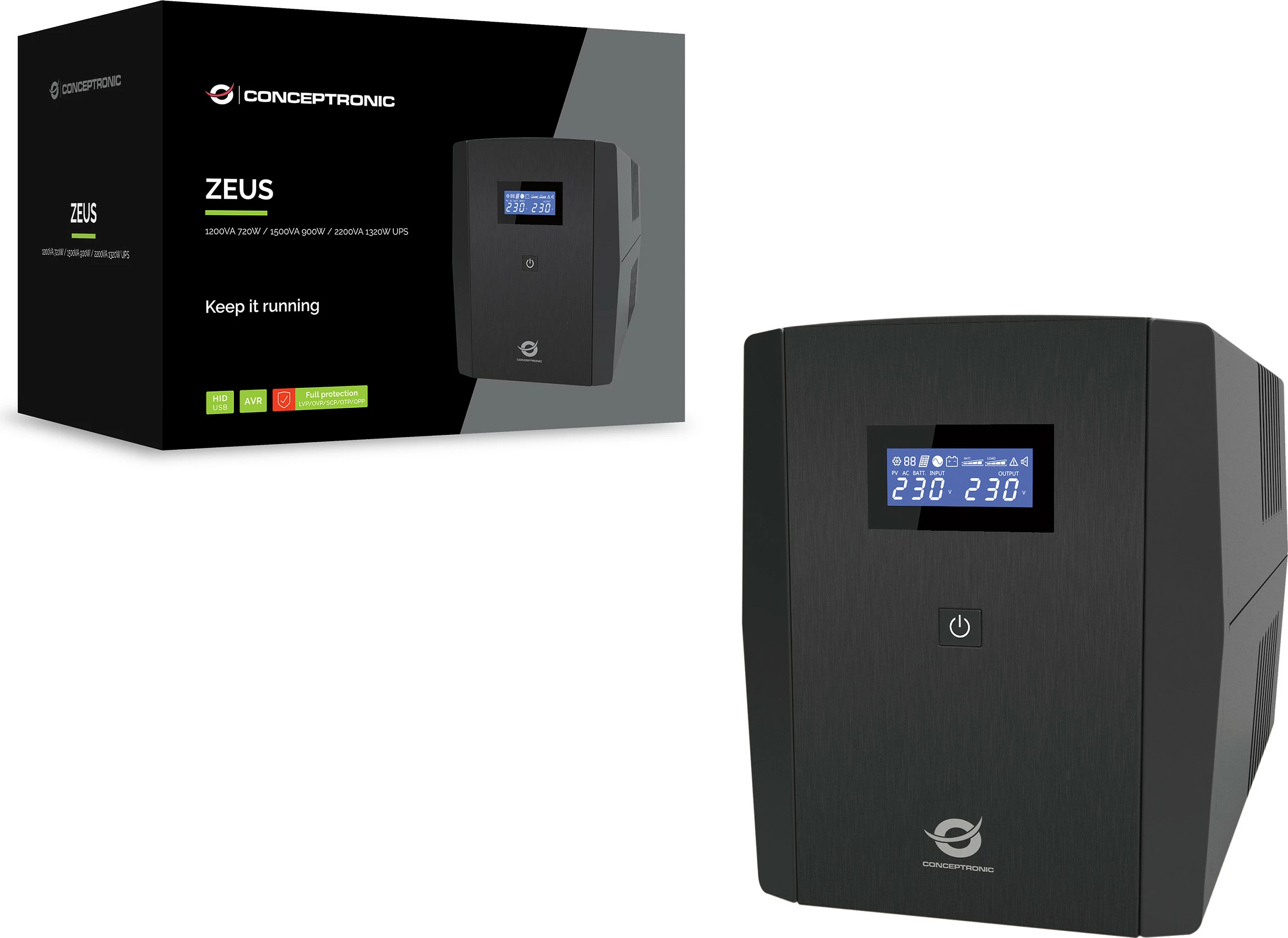 UPS Conceptronic ZEUS03G, 1200VA/720W, 4x prizë UK (Type G), AVR, LCD, USB, RJ45, e zezë