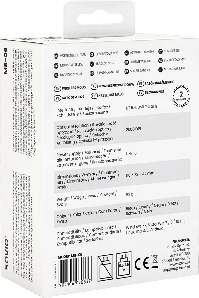 Maus Savio MB-06, wireless 2.4 GHz/BT 5.4, 2000 DPI, 6 butona, USB-C, set me receiver USB + kabllo USB-C, zi