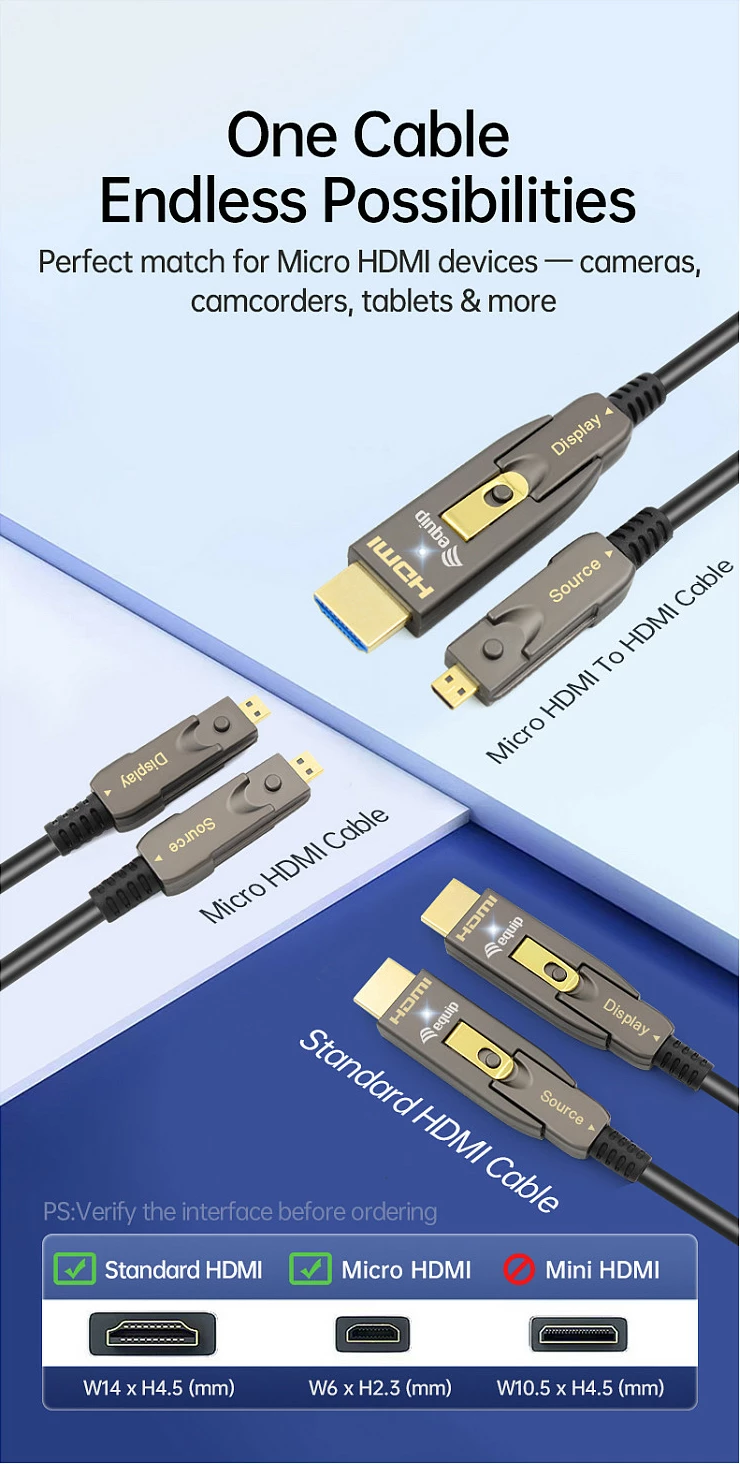 Kabllo HDMI EQUIP HDMI 2.1 Active Optical, 15m, 8K/60Hz, Type-A/Type-D (Micro HDMI), 48 Gbit/s, e zezë