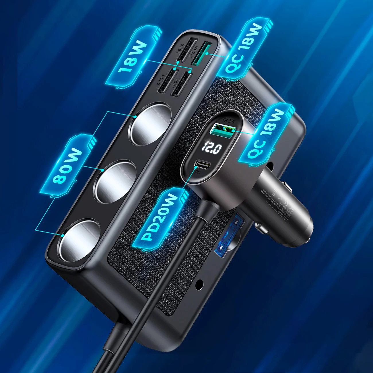 Karikues veture Joyroom JR-CL06, 9 porte, 154W, 5x USB-A/USB-C, 3x dalje çakmaku, e zezë